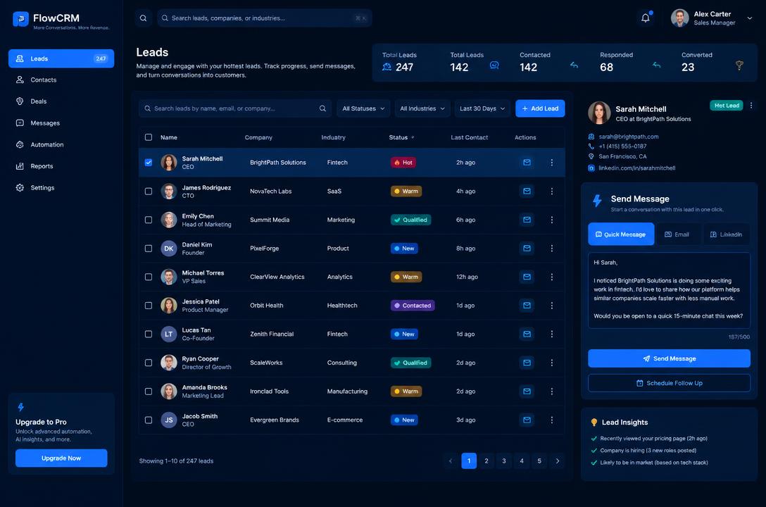 Soft Vault Keeper — CRM leads table with one-click messaging
